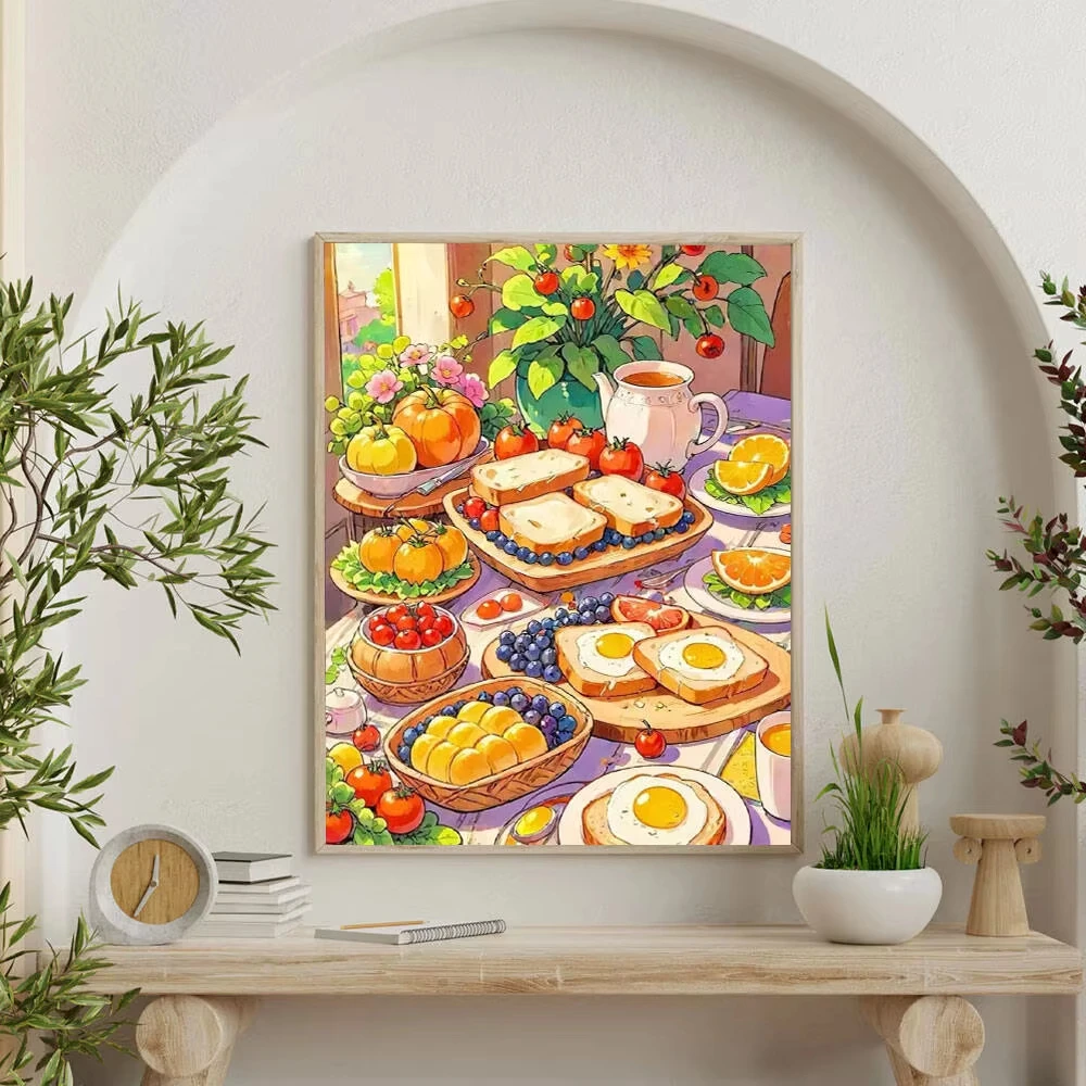 Oil Painting By Number Handmade DIY Cartoon Food Canvas Art Wall Decor for Kitchen or Living Room Gift Frameless