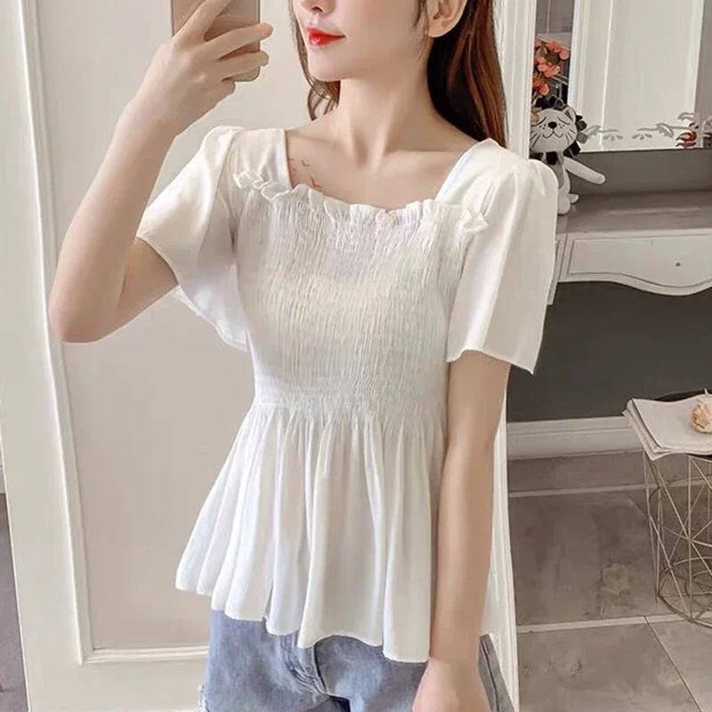 Vintage Summer White Blouses Women 2024 Fashion Sexy Casual Chiffon Ladies Tops Korean Short Sleeve Ruffles Slim Corset Blouse