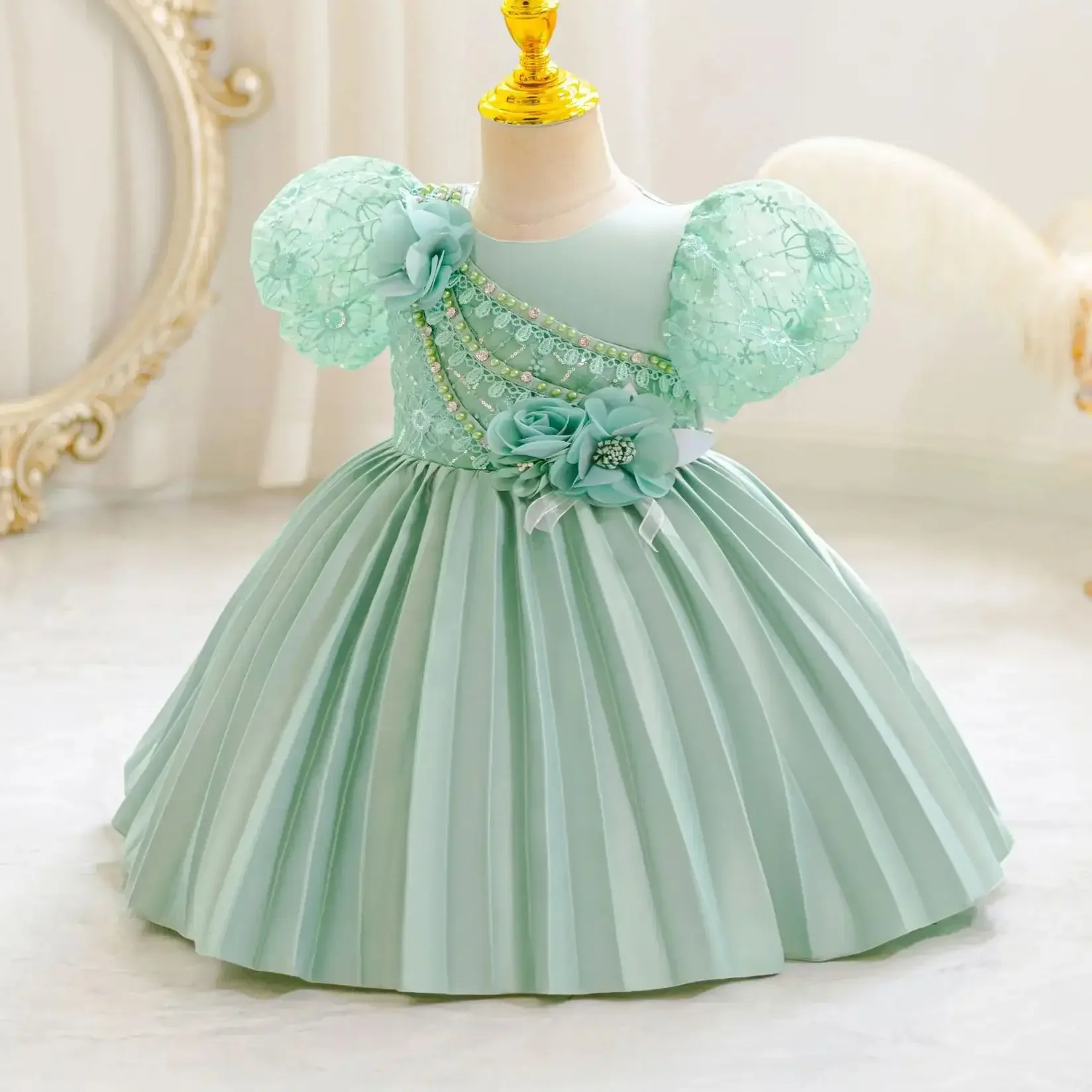 Baby Girl Flower Dress Beading Children Wedding Birthday Party Princess Gown Kids Christmas Gown Gift 6M-4 Years
