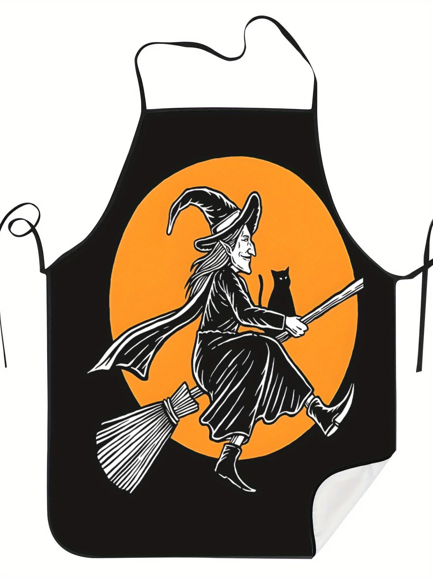 Halloween Witch Cartoon Anime Character Apron Retro Unisex Kitchen Apron with Black & Orange Broomstick Print