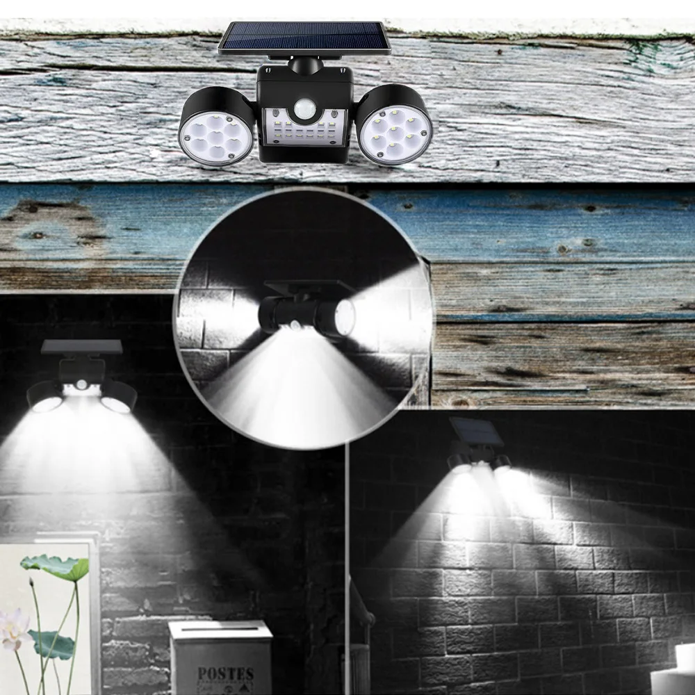 Solar Lights Outdoor IP65Waterproof 3 Heads Motion Sensor Security Solar Lights 30 LED 360°Adjustable Head Spotlights for Garage