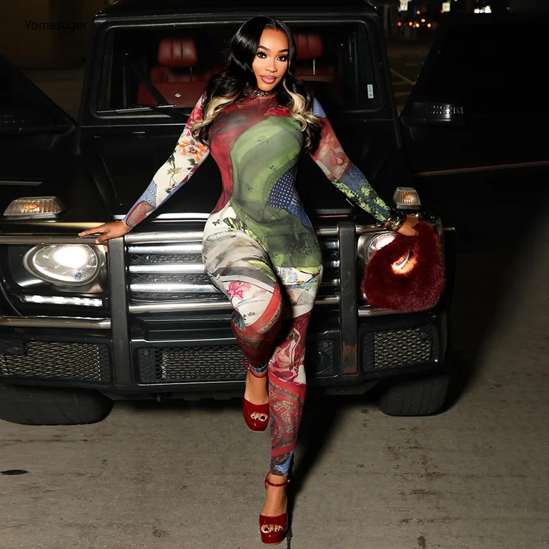 

Yomesuger 2022, осенние женские комбинезоны с ярким принтом, сексуальные узкие комбинезоны с круглым вырезом и длинными рукавами, модные комбинезоны, уличная одежда в стиле Харадзюку