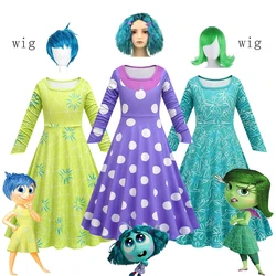 New Cartoon Inside Out 2 Kids Princess Dresses for Girls Costume Joy Inspired and Envy Cosplay Dress+Mask+Wig Sets Birthday Gift