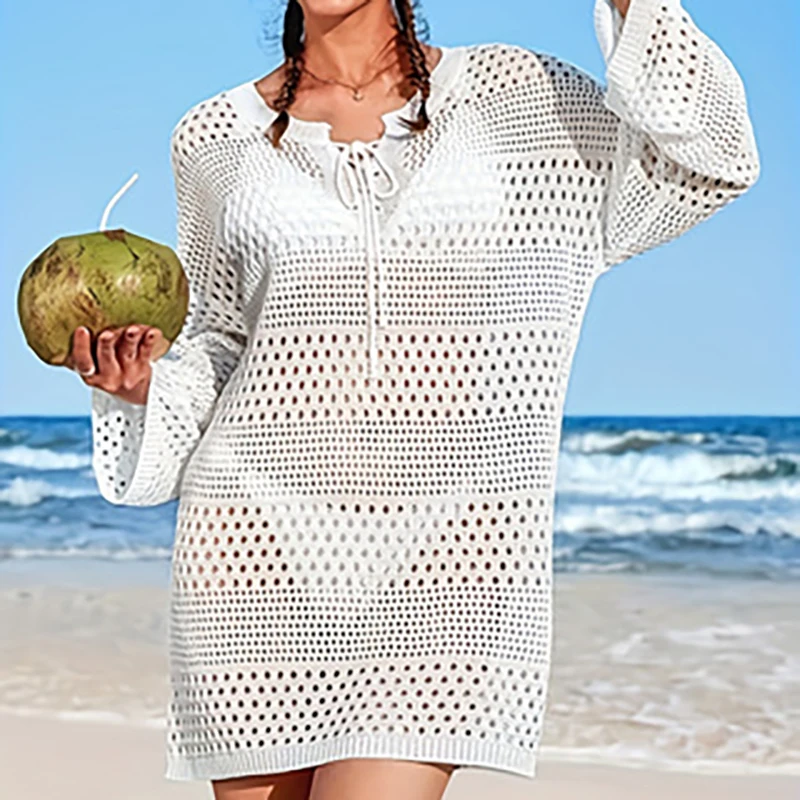 Women Hollow Out Beach Knitted Cover Up Long Sleeved Dress Summer Beach Outfit Sexy Cover Up For Summer Women Trendy Clothing