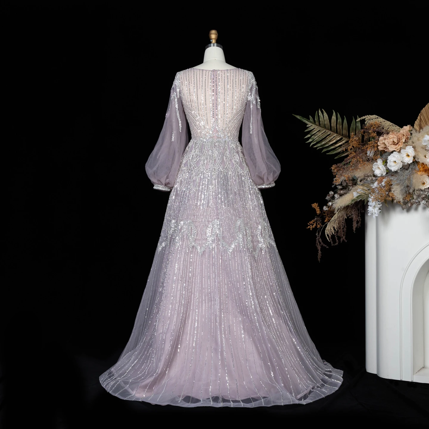 Sharon Said Luxuriöses Rosa Abendkleid mit Perlenstickerei, V-Ausschnitt, A-Linie und Puffärmeln, 2026 Damen Hochzeitsfeier SS057, Maßanfertigung – Detail 10