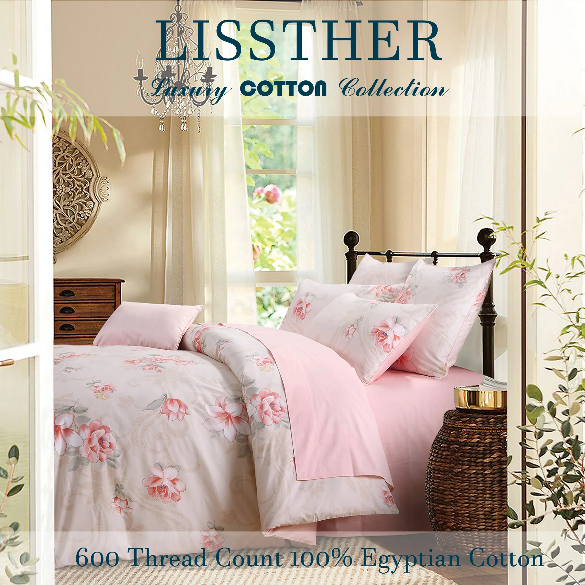 3pcs 600 TC 100% Egyptian Cotton Duvet Cover Set Without Core), Pinky Blooming Rose Pattern, Soft And Skin-friendly