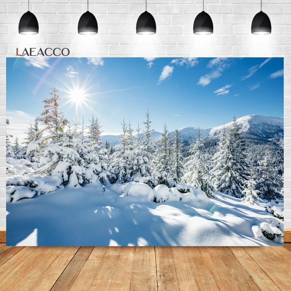 Laeacco-冬の雪の森の背景、白いクリスマスツリーの窓のシーン、クリスマスと新年のパーティー、写真の背景