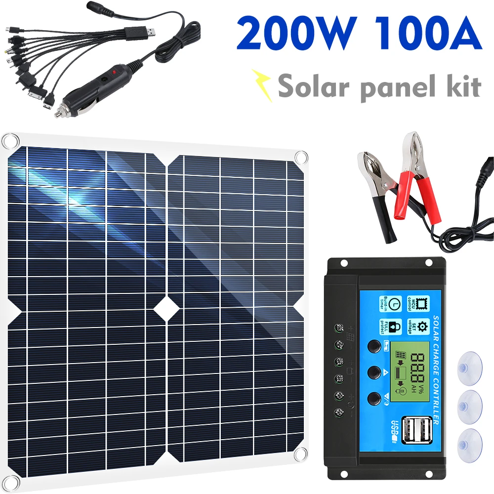 

20.8V DC Solar Panel Kit 200w Flexible Solar Panels with 100A Controller Portable Waterproof Solar Power Charger for Camping/RV