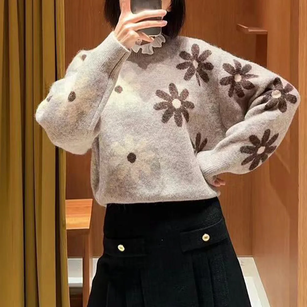 เสื้อไหมพรมถักทรงกลมนุ่มสบาย  แฟชั่นฤดูใบไม้ร่วงฤดูหนาว  ลายดอกเดซี่สไตล์เรโทร  เสื้อไหมพรมผสมขนสัตว์สำหรับผู้หญิง