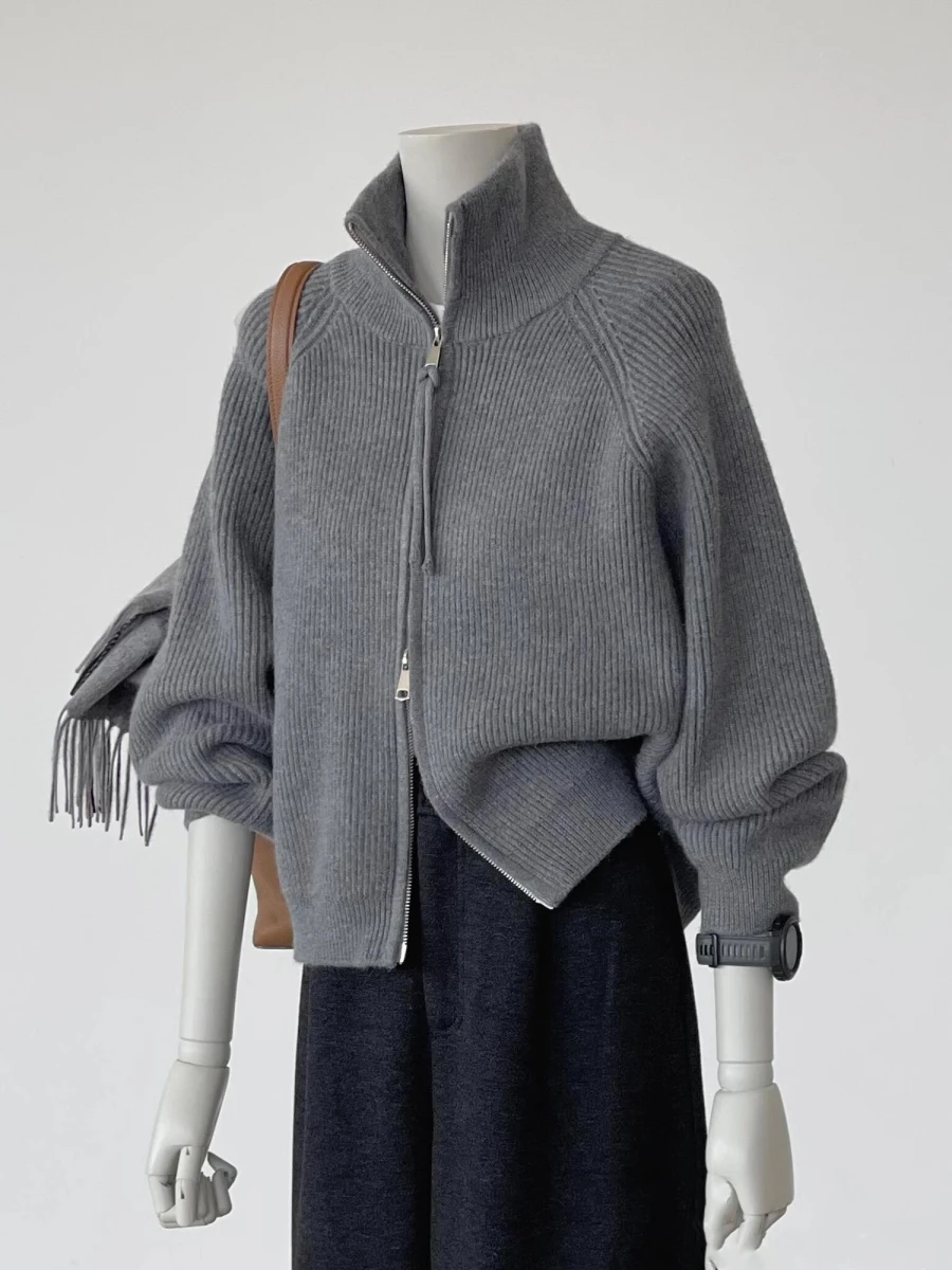 Gray High Collar Knitted Open Cardigan Women's Loose Lazy Style Sweater Jacket Thickened Autumn Winter New Arrival