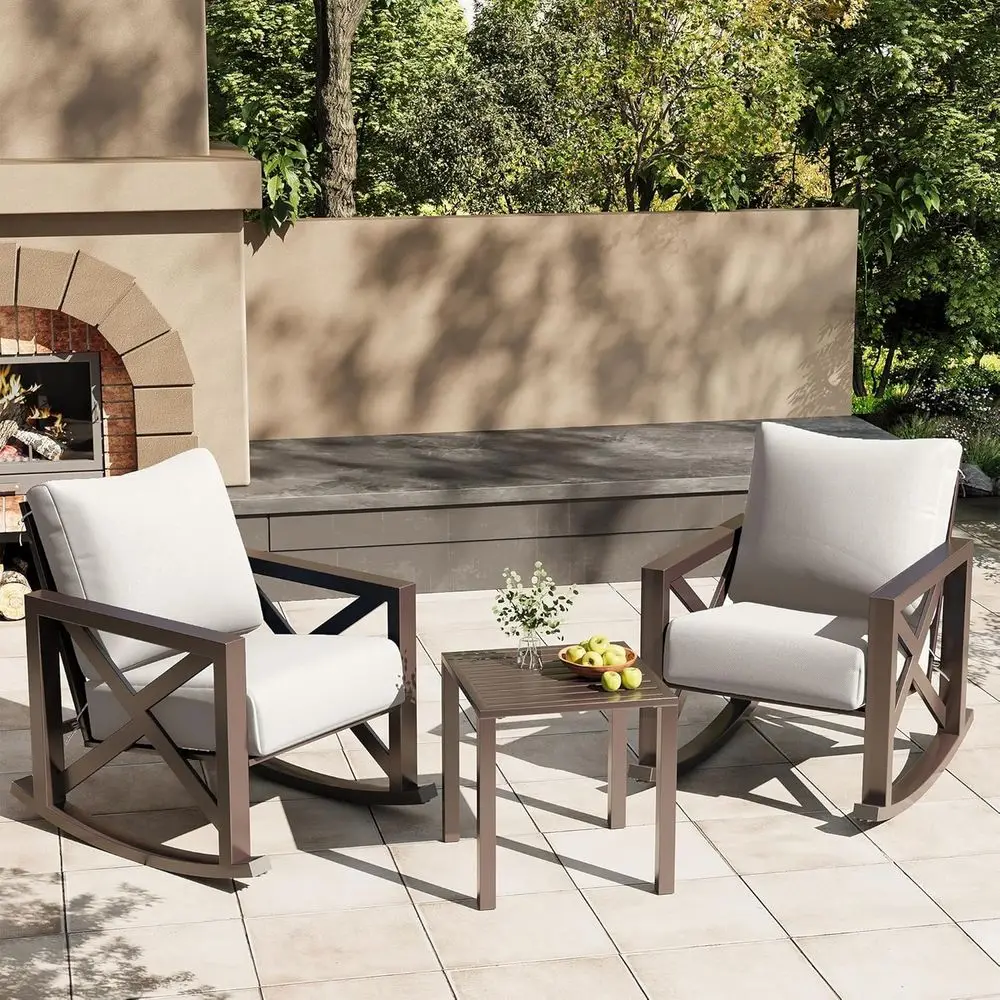 Rocking Chair Outdoor Set 2 w/Coee Table, 3 Pc Metal Bistro Set | Metal Rocking 6.5