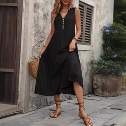 Casual Summer Midi Dress Women Sleeveless Tank V-Neck Buttons Ruffle Loose Dresses Beach Soild Sundress New Fashion Ladies Dress