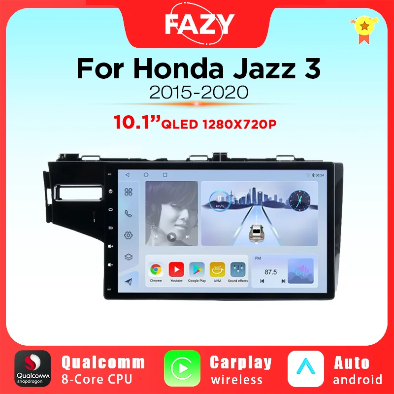 Android Auto Car Radio Wireless Carplay For Honda Jazz 3 2015-2020 QLED Touch Screen Stereo Multimedia Player GPS Navi 4G+WIFI