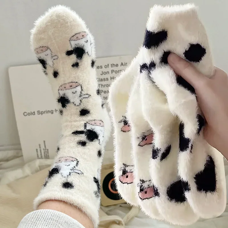 

Cartoon Cute Cow Mink Velvet Socks Women Winter Soft Fleece Plush Warm Home Sleep Boot Socks Kawaii Y2K Furry Thermal Tube Sox