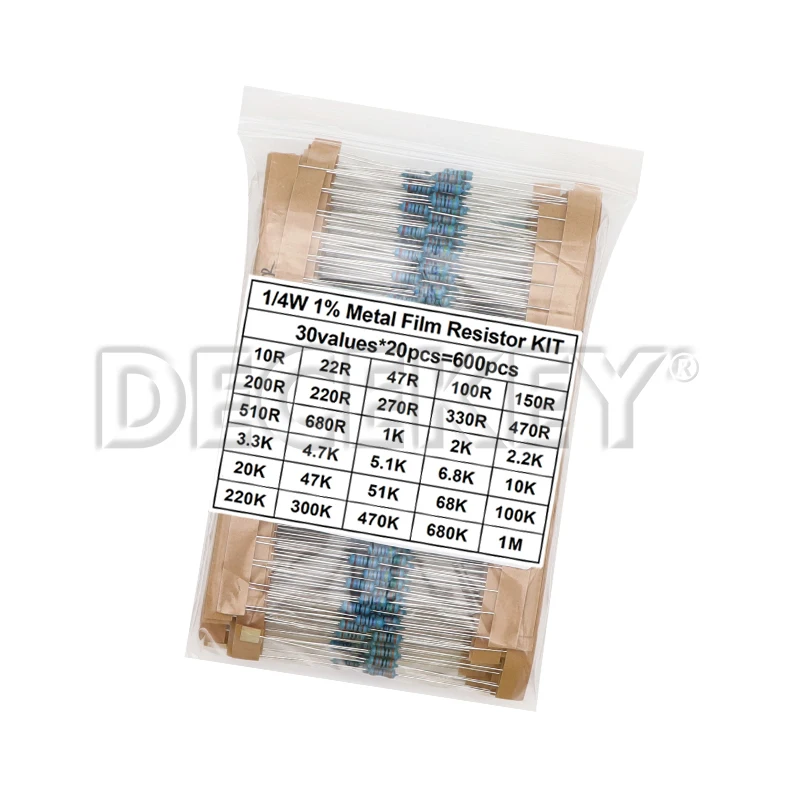 600pcs/set 30 Kinds 1/4W Resistance 1% Metal Film Resistor Pack Assorted Kit 1K 10K 100K 220ohm 1M Resistors