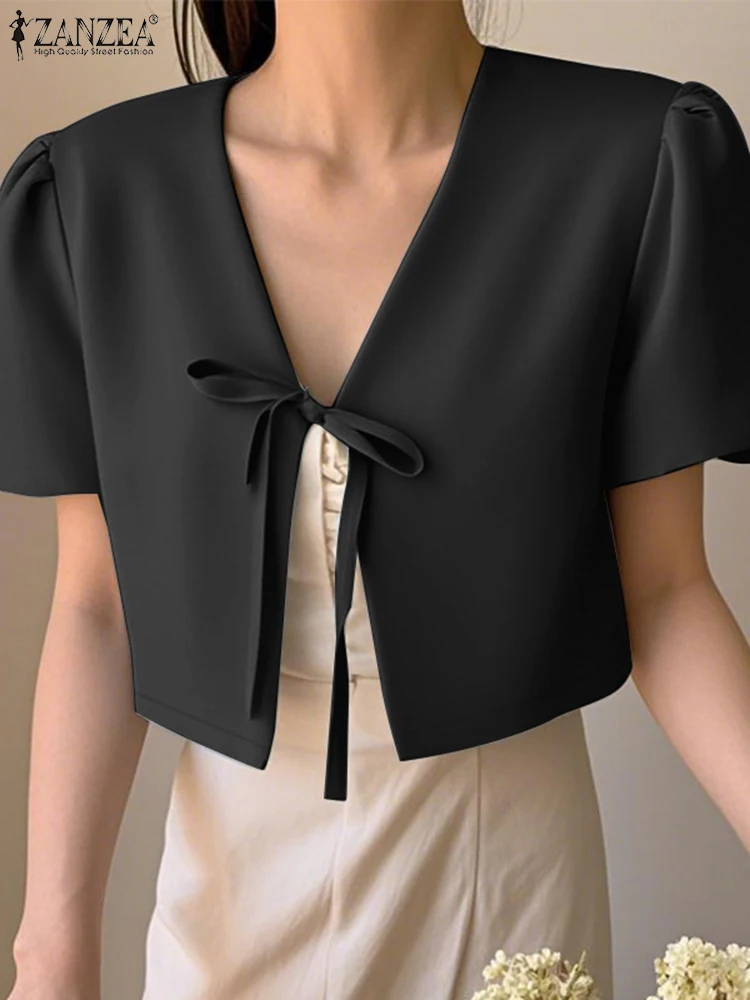 

ZANZEA Short Puff Sleeve V-Neck Shirts Elegant Korean Fashion Tie-Front Summer Cardigan Tops Women's Commute Solid Crop Tops