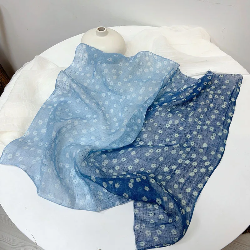 وشاح صيفي للسيدات من الكتان برقبة على شكل رأس مربع أزرق قابل للتنفس للحماية من الشمس للشاطئ والربيع الفاخر