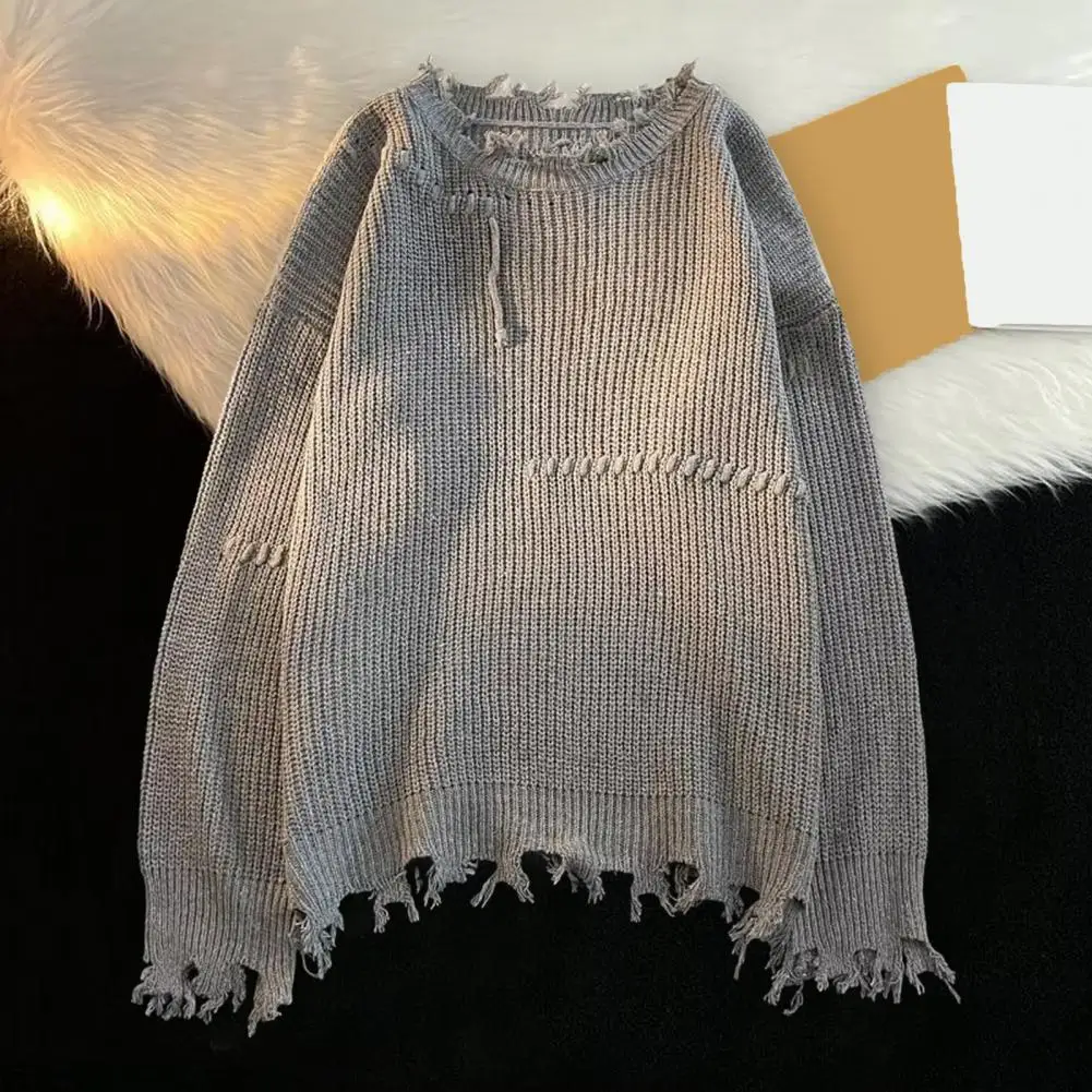 Round Neck Sweater Men\'s Fringe Tassel Sweater Warm Knitted Pullover with Ripped Detail Loose Fit for Fall Winter Cozy Knitted