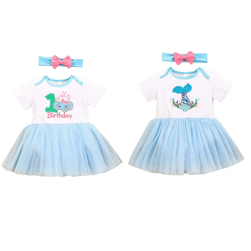 

0-18m Baby Girl Lace Princess Dress Rompers Birthday Mermaid Elephant Lettering Print Dress Jumpsuits For Newborn Girls