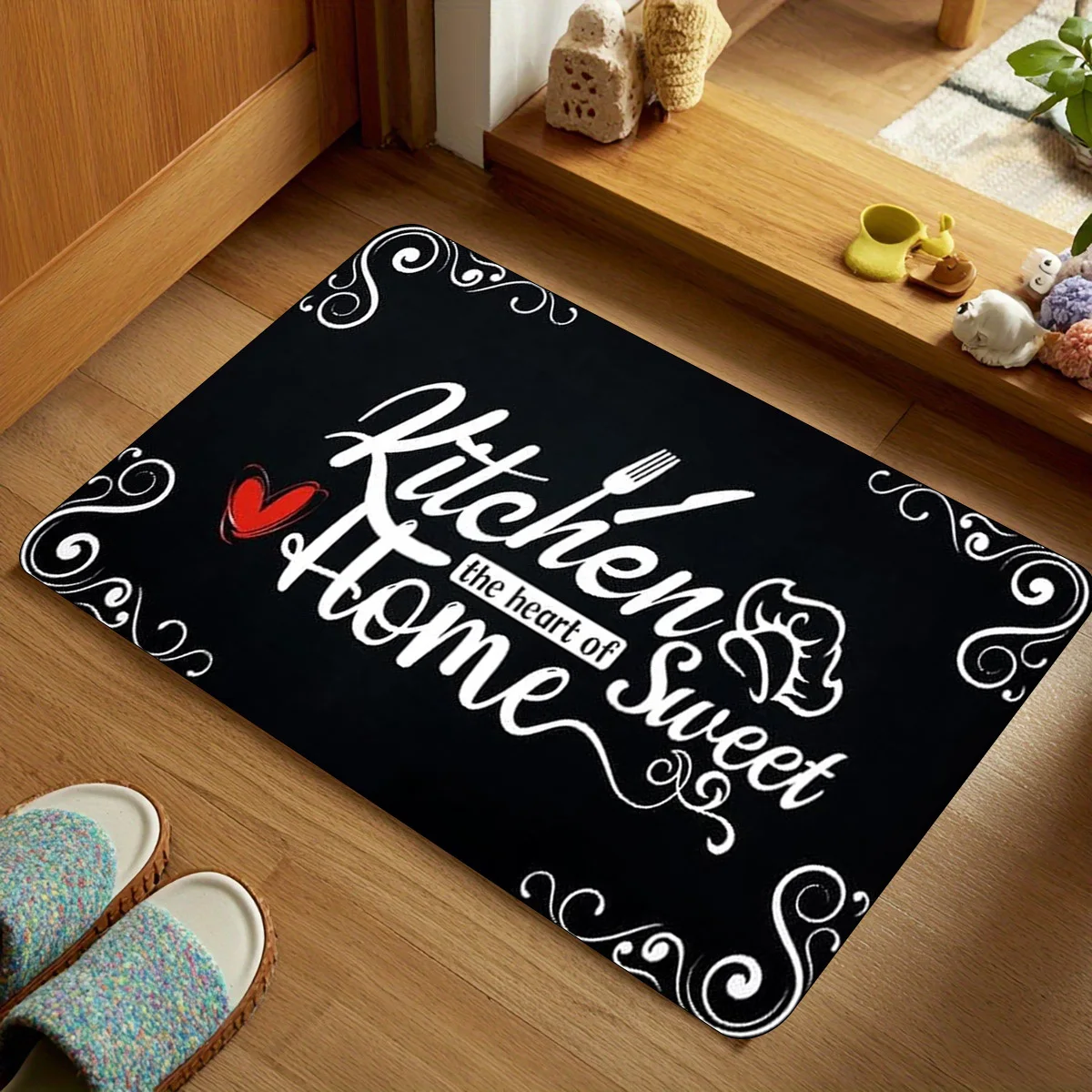Vintage Kitchen Rug – “Kitchen, the Heart of Sweet Home” Script Design, Elegant Black Mat for Kitchen
