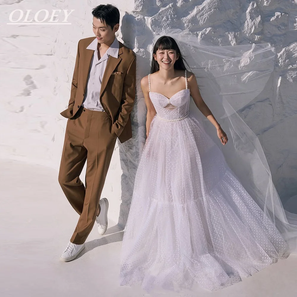 OLOEY Unique A-line Wedding Dresses Korea Photoshoot Pearl Spaghetti Straps Dot Tulle Bridal Gown Customized Floor Length Corset