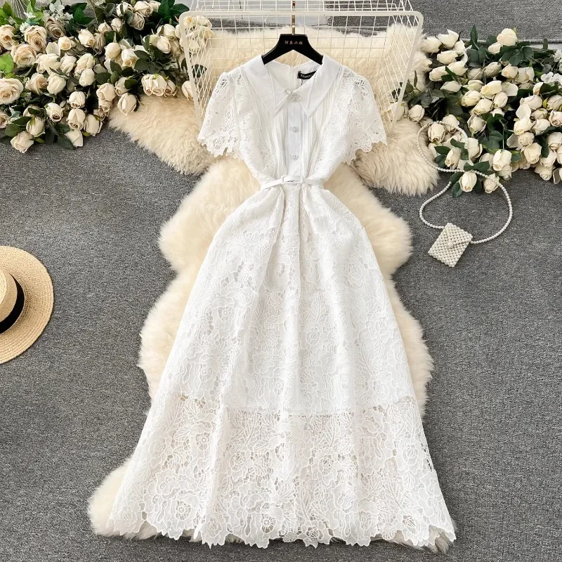 White Lace Dress Women  Summer Single-breasted Party Vestido Vintage Hook Flower Hollow Elegant Clothing Bodycon Turn-down