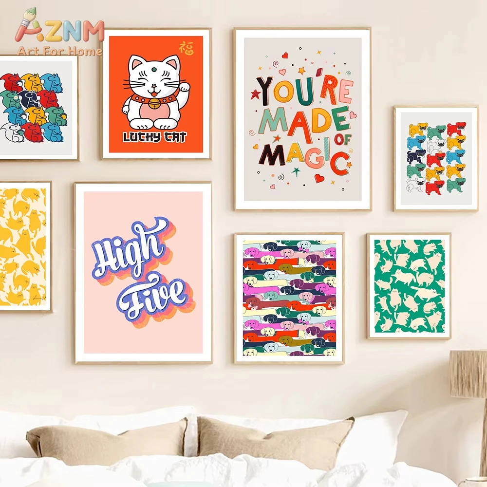

1pc Colorful Type Abstract Animal Poster Art Print Magic Cartoon Dog Japanese Lucky Cat Canvas Painting Kid Room Home Decor