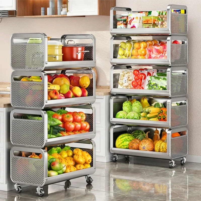 

Stainless Steel Kitchen Organizer Large Capacity Vegetable Shelf with Wheels for Balcony Use Space-Efficient Storage