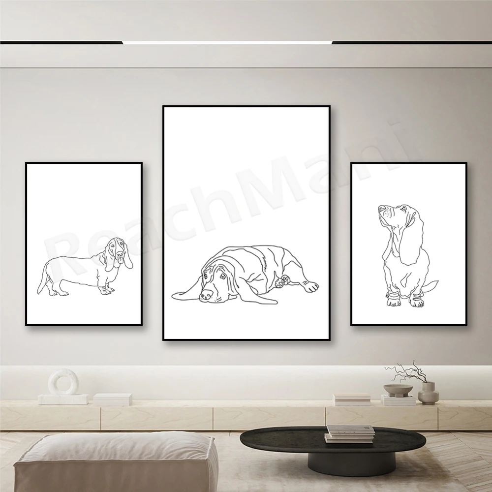 Basset Hound Line Art, Line Dog and Pet Modern Nordic Simple Animal Basset Hound Pattern Drawing Print Poster Kids Room Decor
