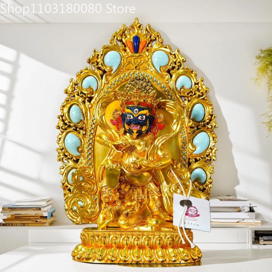 28cm Copper gilding inlay Black Jambhala God of wealth statue sculpture
