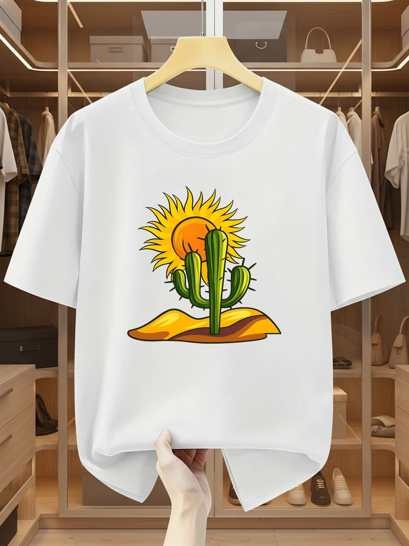 Simple Style Sun and Cactus Print Round Neck Short Sleeved T-shirt Comfortable Casual Short Sleeved T-shirt in Summer