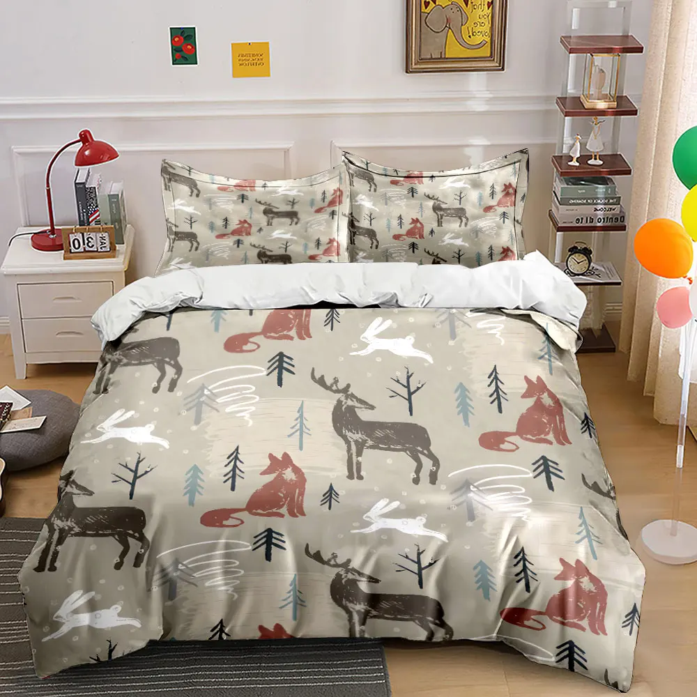 Animals, trees, snow patterns. Print Bedding Set 1 Duvet Cover 2 Pillowcases for Adult and Children Luxury Gift Full Size