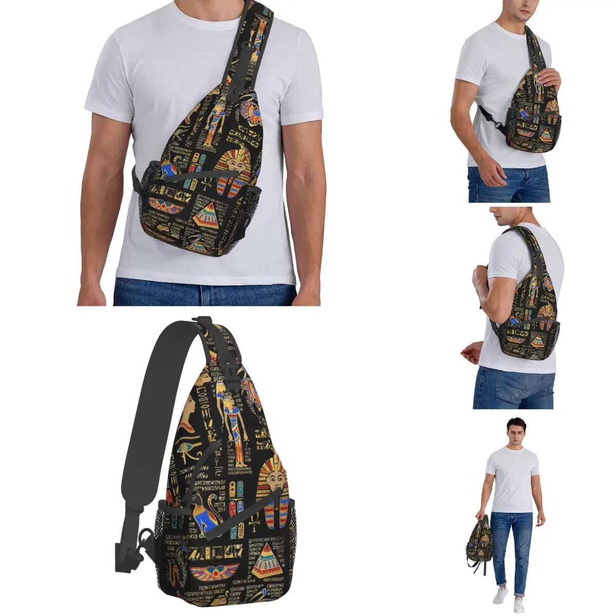 Egyptische Hiërogliefen Goden Sling Bag Borst Crossbody Schouder Rugzak Wandelen Reizen Daypacks Egypte Patroon Tas