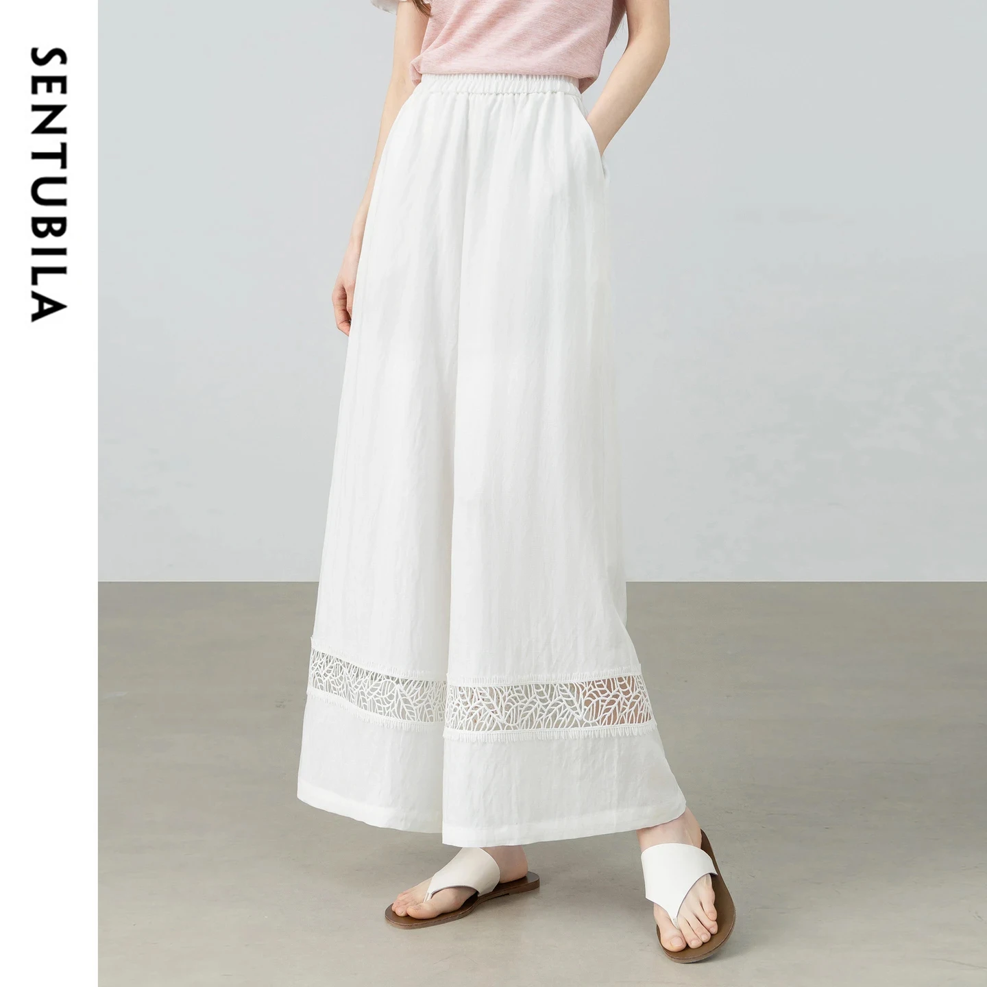 

SENTUBILA Women's Minimalist Wide Leg Pants Casual Commute Hem Patch Cut Out Lace Loose Cropped Wide Leg Trousers 162KD4226