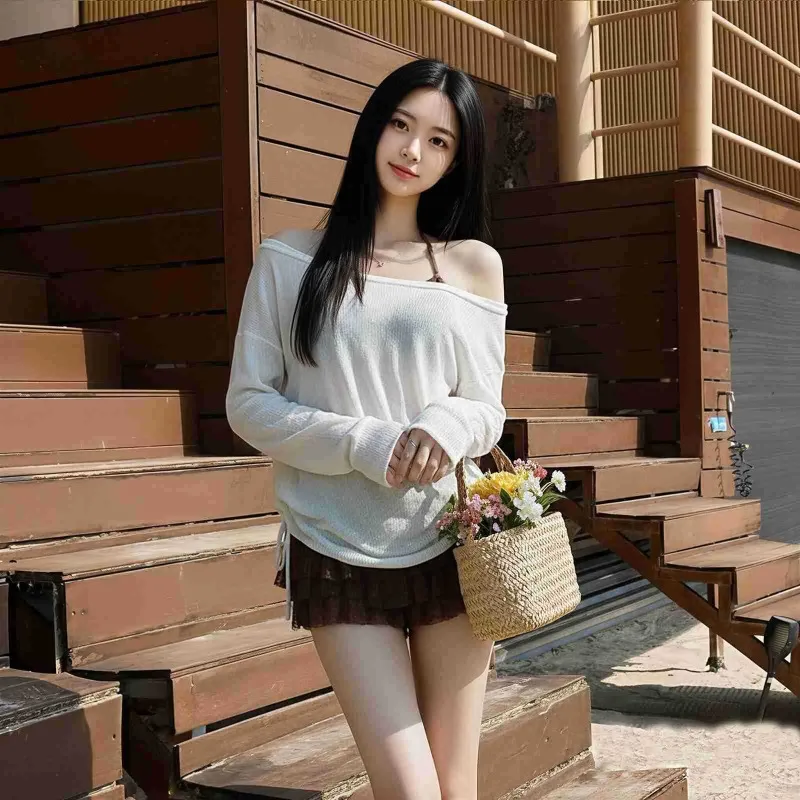 Women's 3 Piece Bikini Set White Off Shoulder Long Sleeve Mesh Cover Up Brown Ruffle Shorts Summer Beach Bathing Suit Swimwear