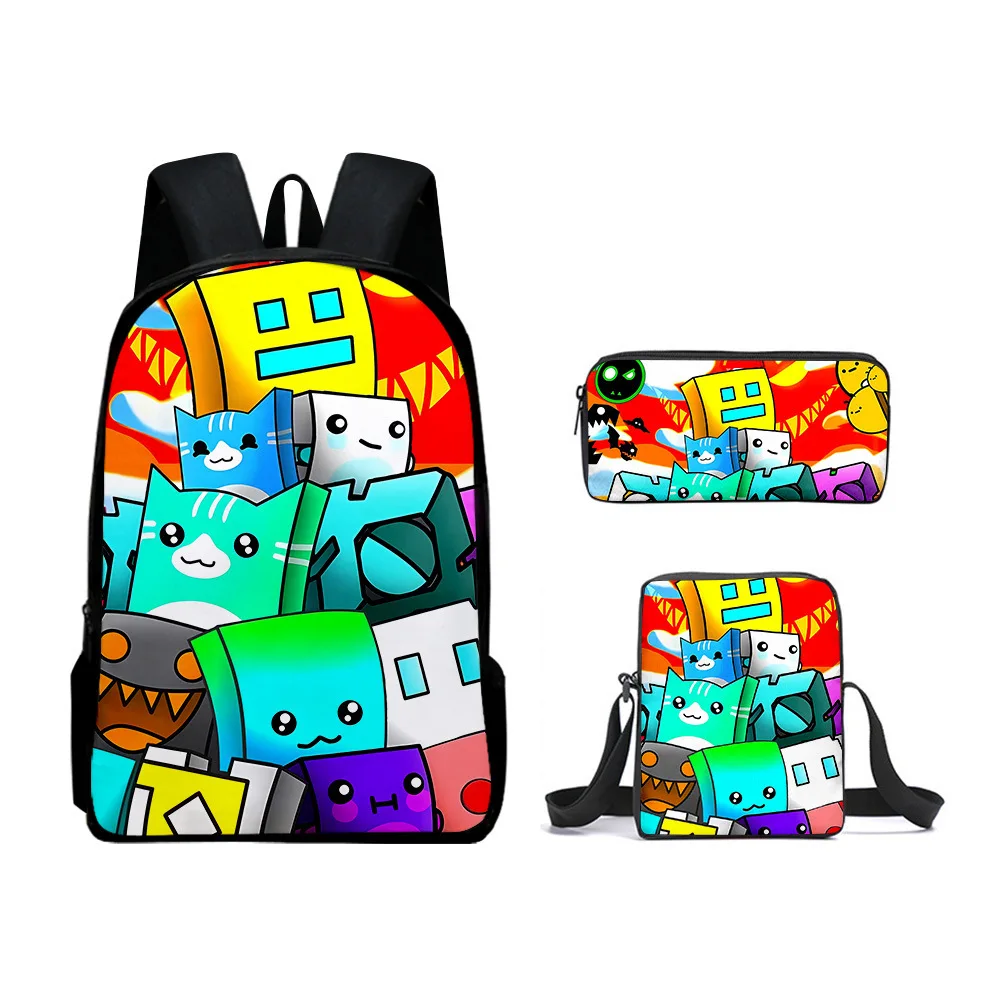 Classic Popular Geometry Dash 3D Print 3pcs/Set pupil School Bags Laptop Daypack Backpack Inclined shoulder bag Pencil Case