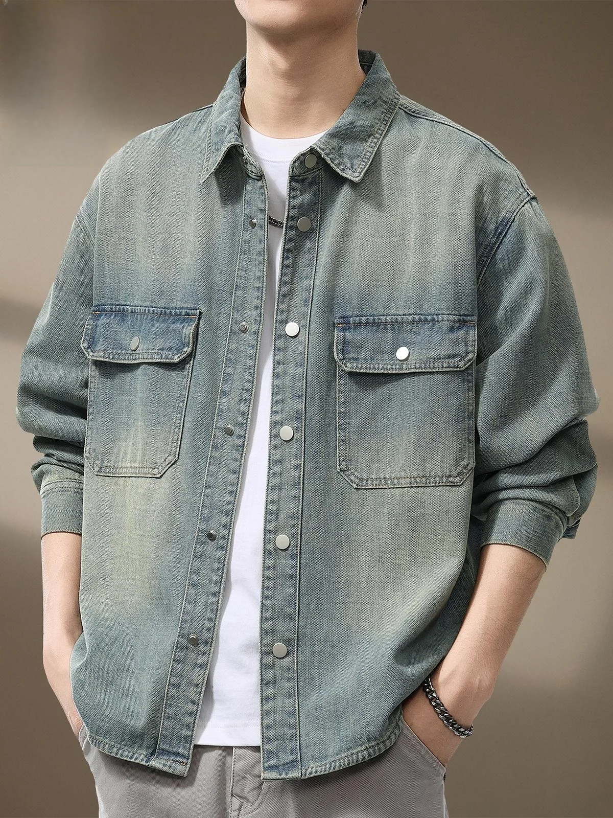 

Denim Long Sve irt Men's Spring 2026 New American Retro Workwear irt Jaet Loose Fit Button up Cotton Polyester