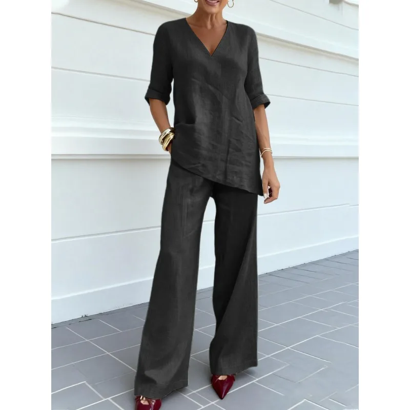 

Women's Casual V-Neck Elbow Sleeve Top and Wide Leg Pants Linen Two Piece Set