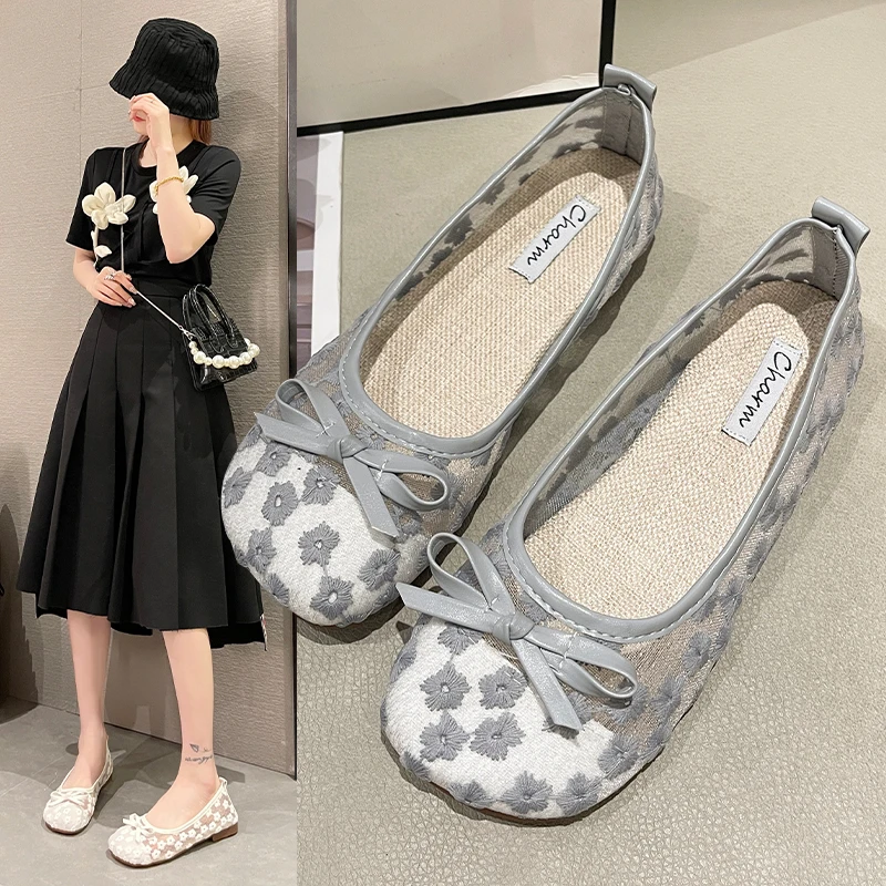 

Women's Shoes with Bow White Flat Shoes Lace Bow Cute Round Toe Mesh Shoes Ladies Flat Loafers