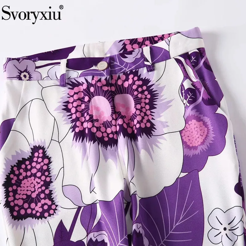 Svoryxiu Runway Designer Autumn Elegance Two Piece Set Women\'s Purple Flower Print Single Button Blazer + Pants Fashion Suit