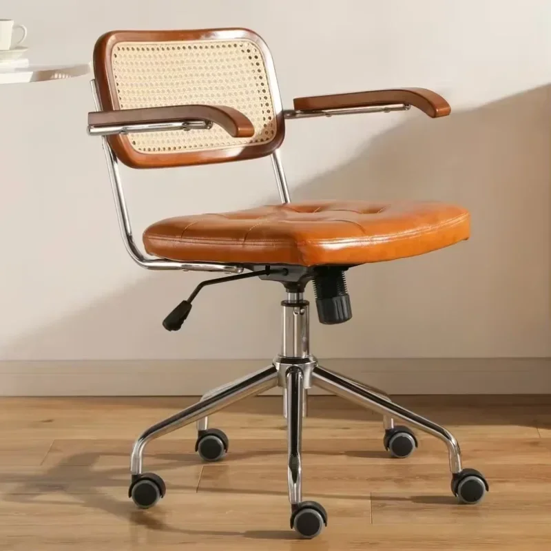 Retro Rotating Chair Rattan Computer Office Chair Japanese Comfortable Storage Study Desk Seat Breathable Armrest Rattan Chair