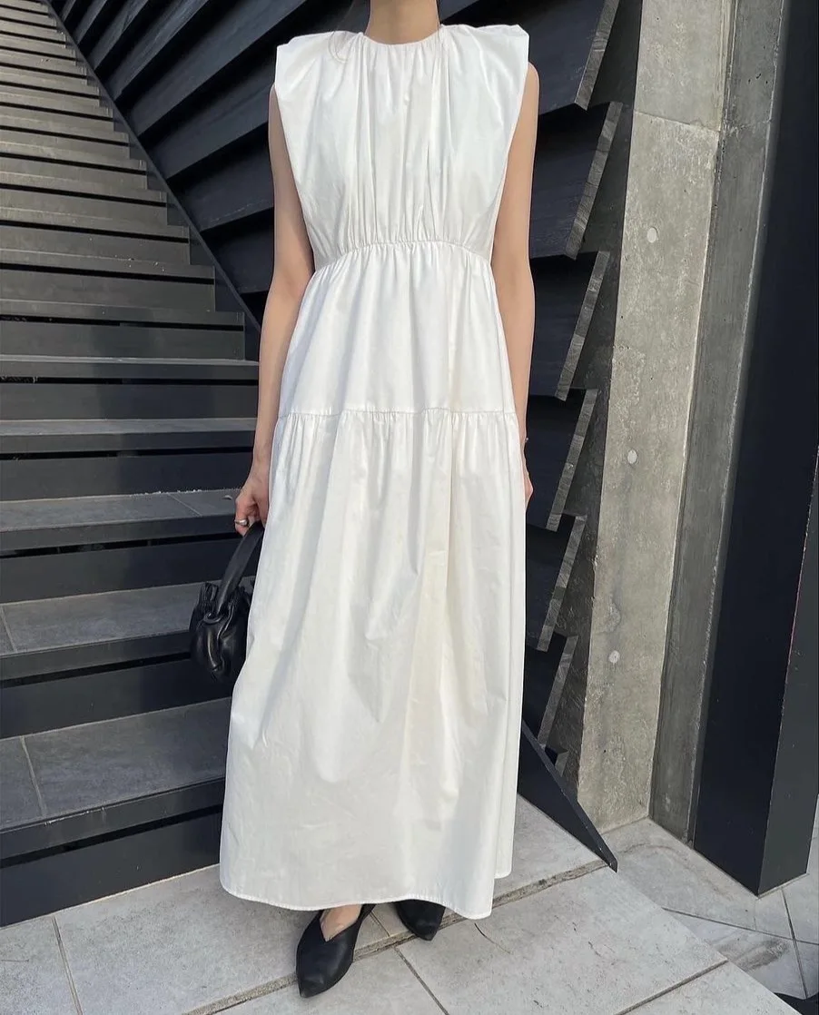 

Women Sleeveless Cotton Midi Dress Sleeveless Bowknot Puff Sleeve Ladies French Long Dresses Robe