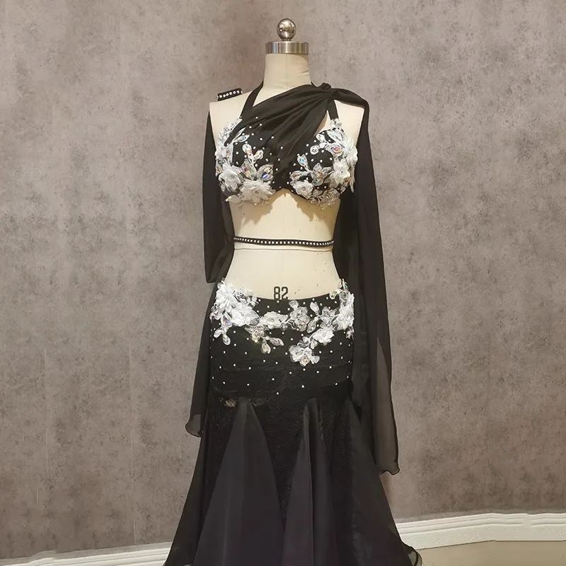 성인과 어린이를위한 맞춤형 블랙 레드 플러스 사이즈 밸리 댄스 의상 스커트 성능 의상 탑과 대형 스커트