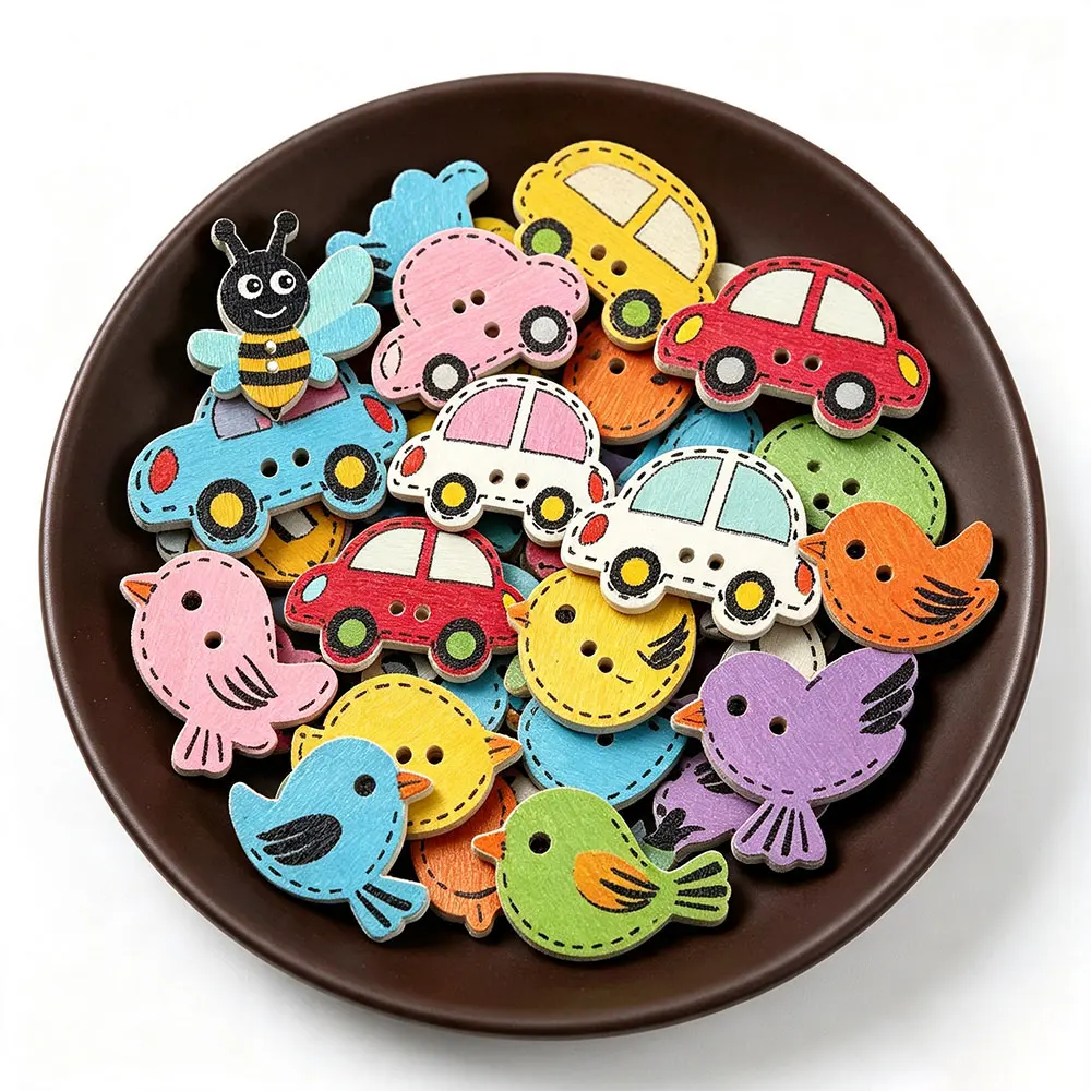 300PCS Cartoon Painting Wooden Buttons for Crafts Scrapbooking Sewing Clothes Button DIY Kid Apparel Supplies 15-35mm