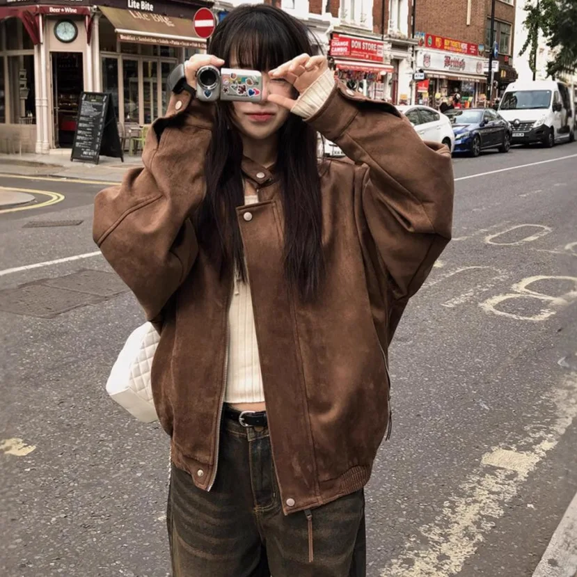 Women's New Faux Leather Zip Up Jacket Loose Drop Shoulder Silhouette Versatile Trendy Casual Office Street Daily Wear Outerwear