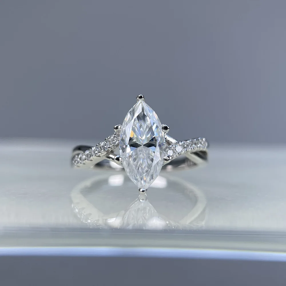 

S925 Rhodium Plated Silver 2CT D Color Marquise Moissanite 6x12mm Geometric Full Pave Engagement Ring for Women