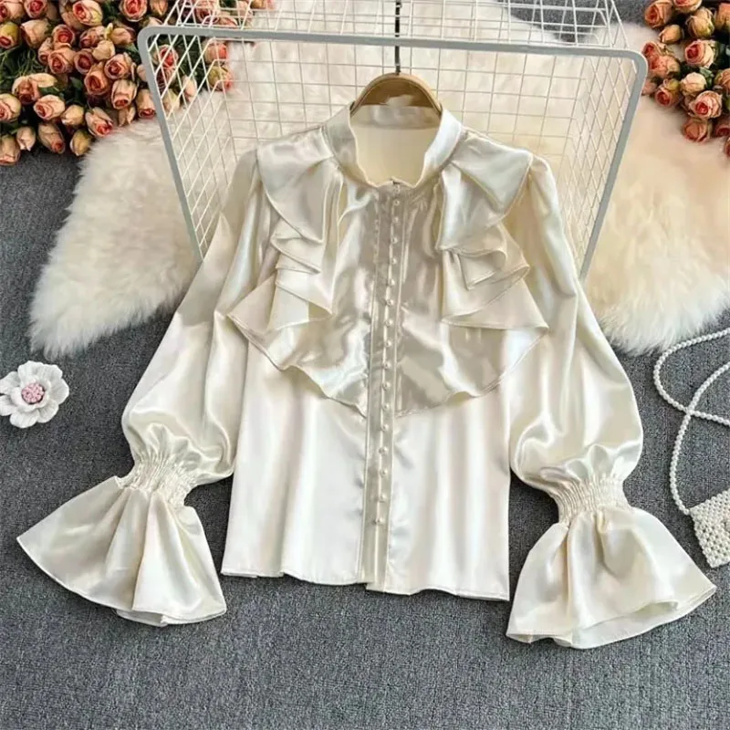 

Women Retro Temperament Flare Sleeves Stand Collar French Shirts Acetate Satin Shirt Western Style Loose Cardigan Blouse Tops