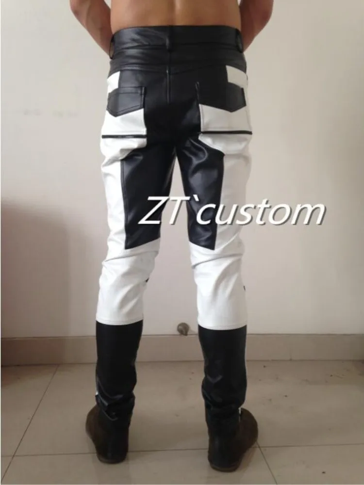 2025 Men\'s Fashion Stitching Leather Pants Stage Ds Bar Nightclub Singer Dance Plus Size PU Trousers Costumes Male Clothing