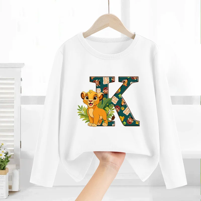 Mufasa Lion King Long Sleeve Shirt Boys Girls White Base T-shirt Letter A-z Cartoon Thin Tops Clothes Cute Round Neck Clothing