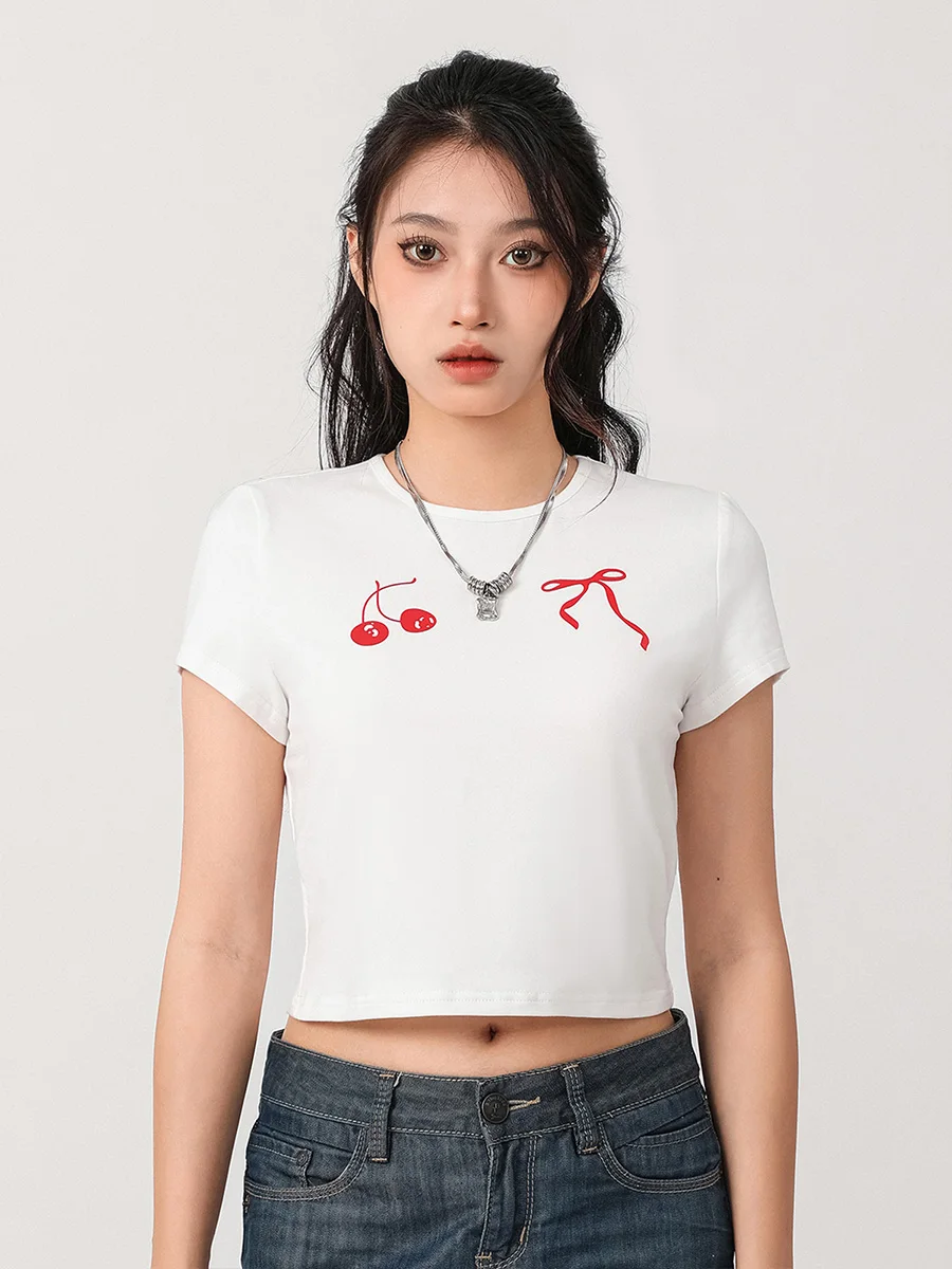 Women Bow Print T Shirt Cute Bunny Graphic Baby Tees Short Sleeve Crop Top E Girls Y2K Aesthetic Pullovers Clothes